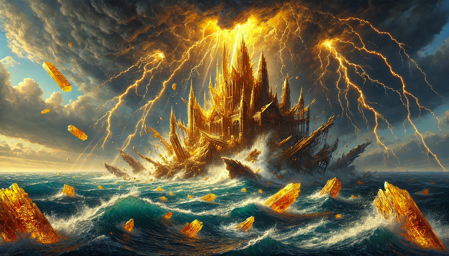 The destruction of Jurata's magnificent amber palace beneath the Baltic Sea, struck by powerful lightning bolts during a furious storm unleashed by Perkun. The golden palace shatters, and fragments of glowing amber scatter into the depths of the sea, illuminated dramatically by stormy waters and fierce lightning.