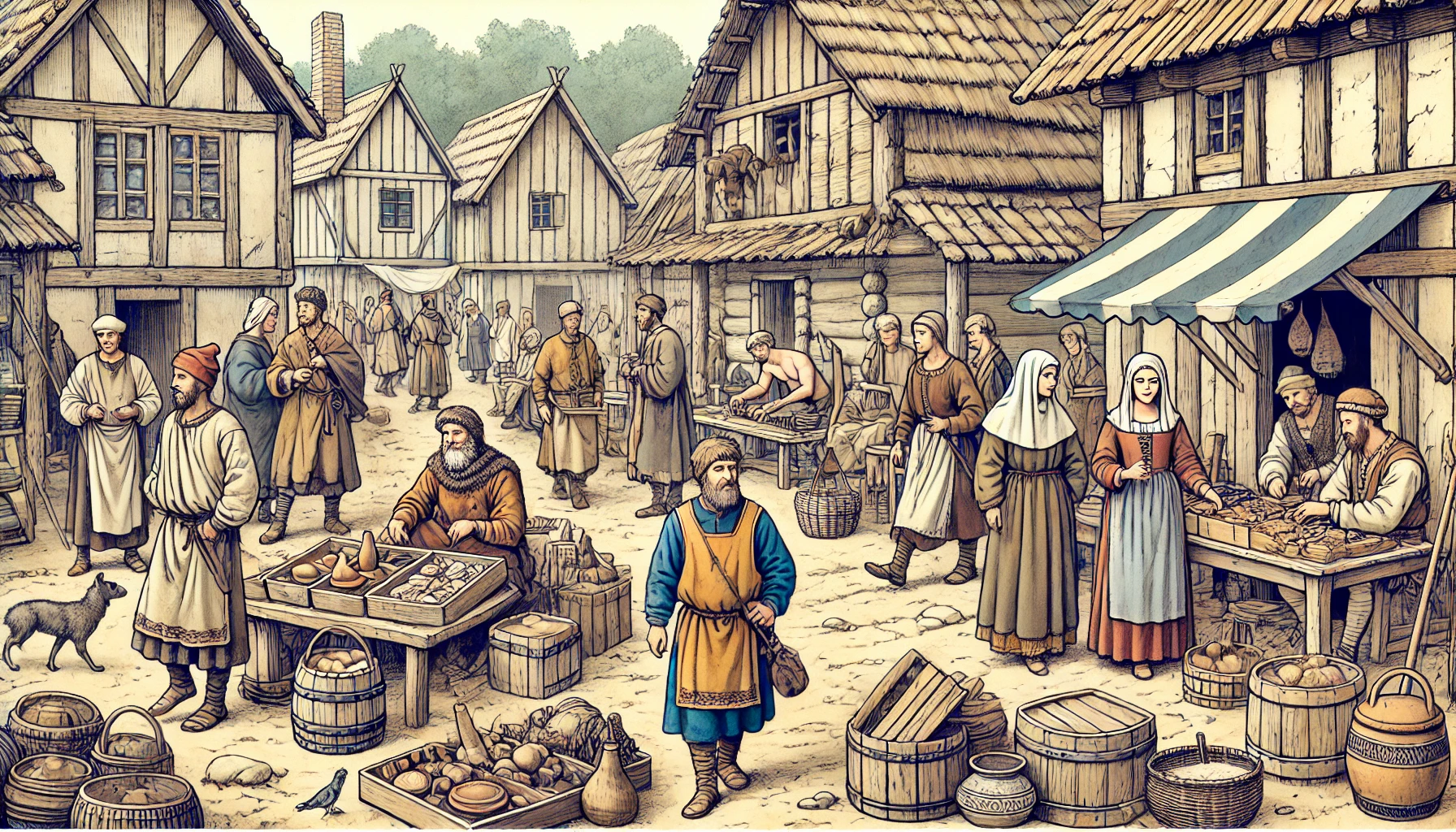 Historical illustration depicting everyday life of people in early medieval Gdańsk in the 12th century. Merchants trading goods, craftsmen working on pottery and woodworking, people dressed in typical medieval clothing walking through the simple wooden streets.