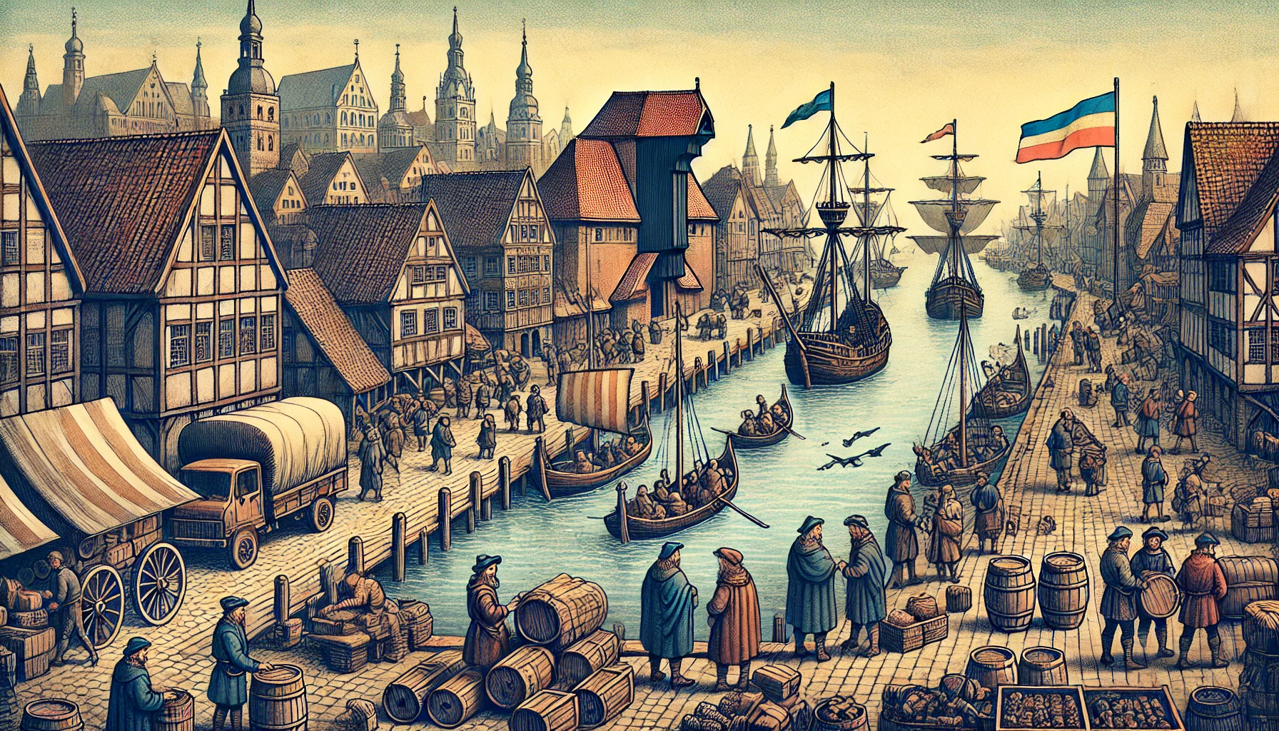 Illustration of medieval Gdańsk port in the 13th century, showing wooden docks, merchant ships unloading goods, and workers carrying barrels and crates. The Motława River bustling with trade activities, demonstrating the economic significance of the port.