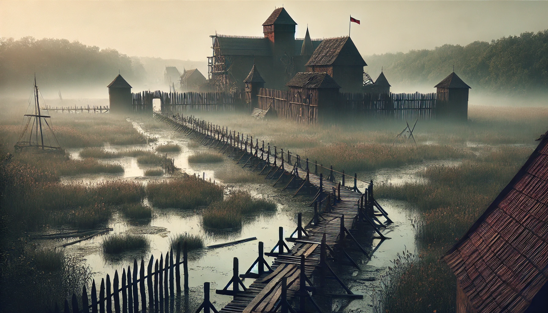 A medieval swamp landscape surrounding early medieval Gdańsk in the 12th century, showing wooden causeways and bridges built through marshy terrain, connecting the fortress with the surrounding areas. Mist and reeds enhance the mysterious atmosphere.