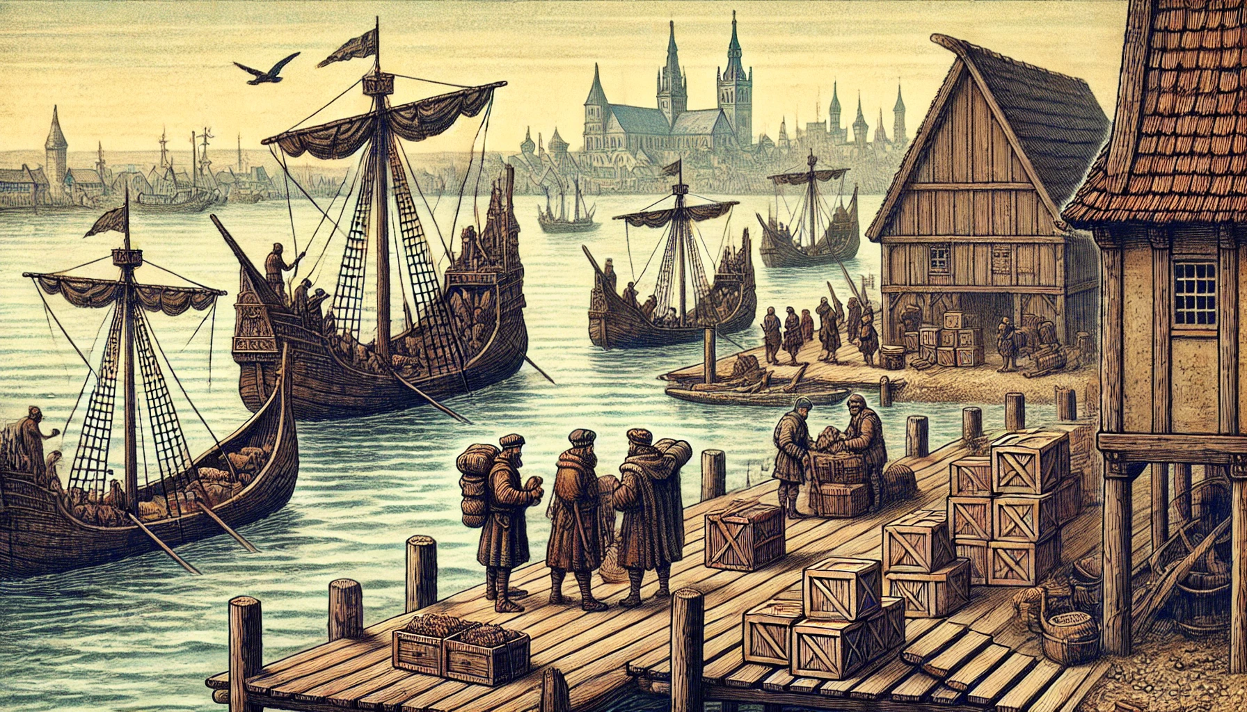 Medieval merchants arriving in early medieval Gdańsk by ship in the 12th century. Wooden ships are docked at simple wooden piers along the Motława River, unloading goods, illustrating the importance of trade during this historical period.