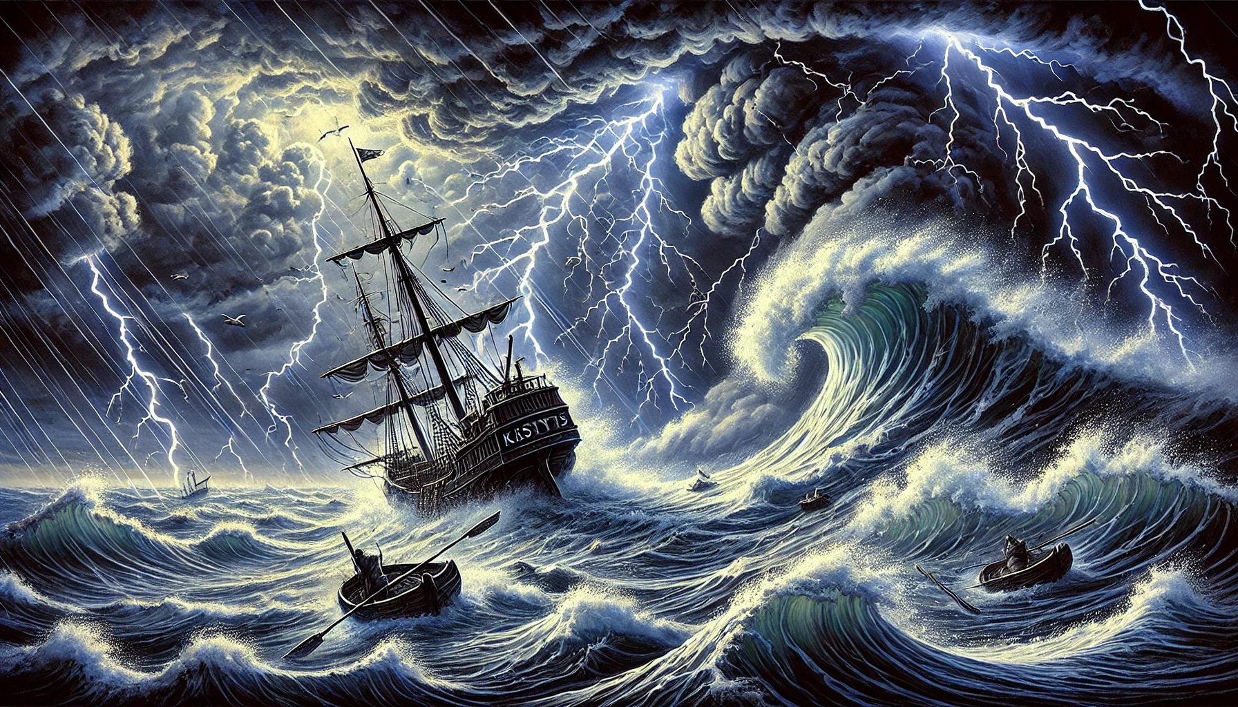 The furious storm unleashed by the angry god Perkun, with dark clouds, roaring waves, and violent lightning strikes illuminating the Baltic Sea. Kastytis's fishing boat is caught in the storm, struggling helplessly against the powerful waves.
