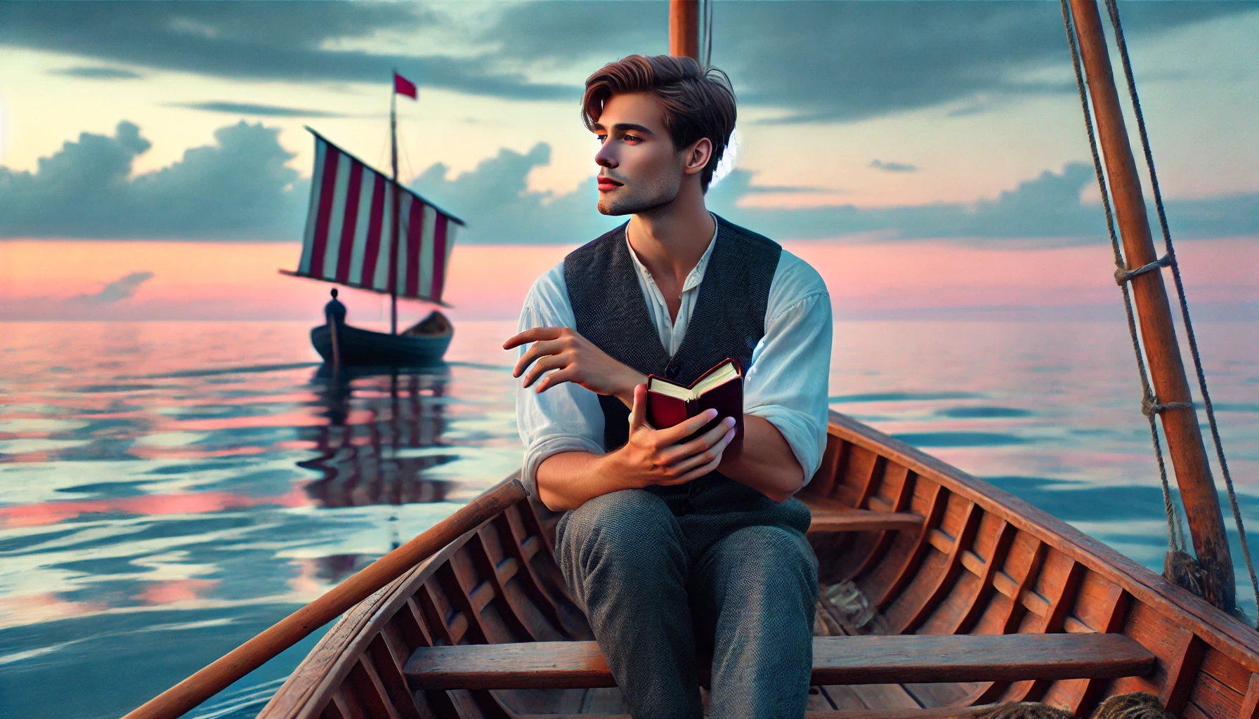 A young, handsome fisherman named Kastytis in a traditional wooden fishing boat, sailing calmly on the Baltic Sea at dawn. The sky is painted in soft pastel colors, and he sings a gentle melody, unaware of the hidden presence of Jurata observing him from afar.