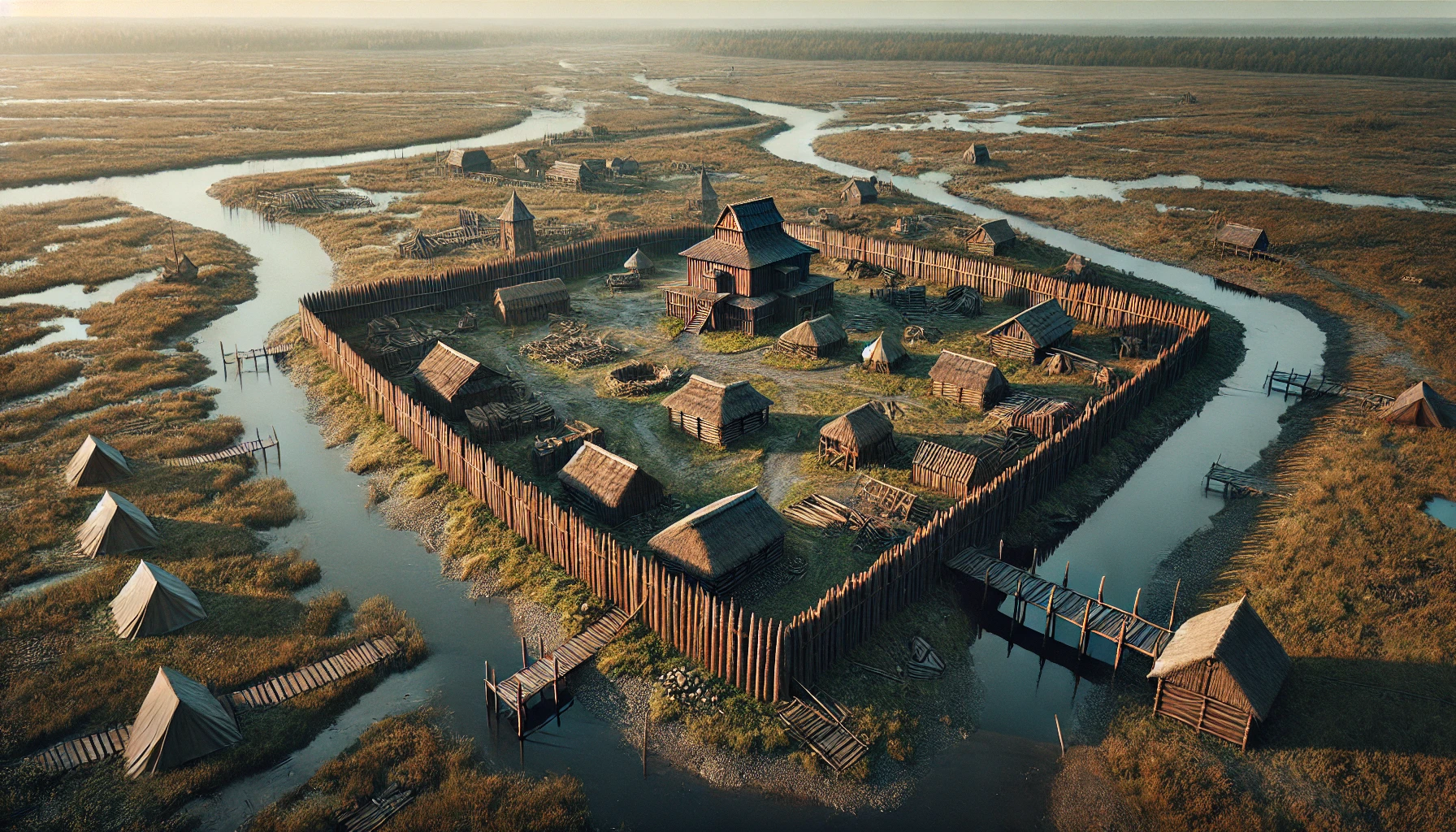 An early medieval fortress (gród) in Gdańsk, 11th century. The fortress is surrounded by wooden palisades and earthworks, located near the confluence of Motława and Vistula rivers. Wooden huts and small buildings inside the fortress. Marshlands and wooden bridges visible around.