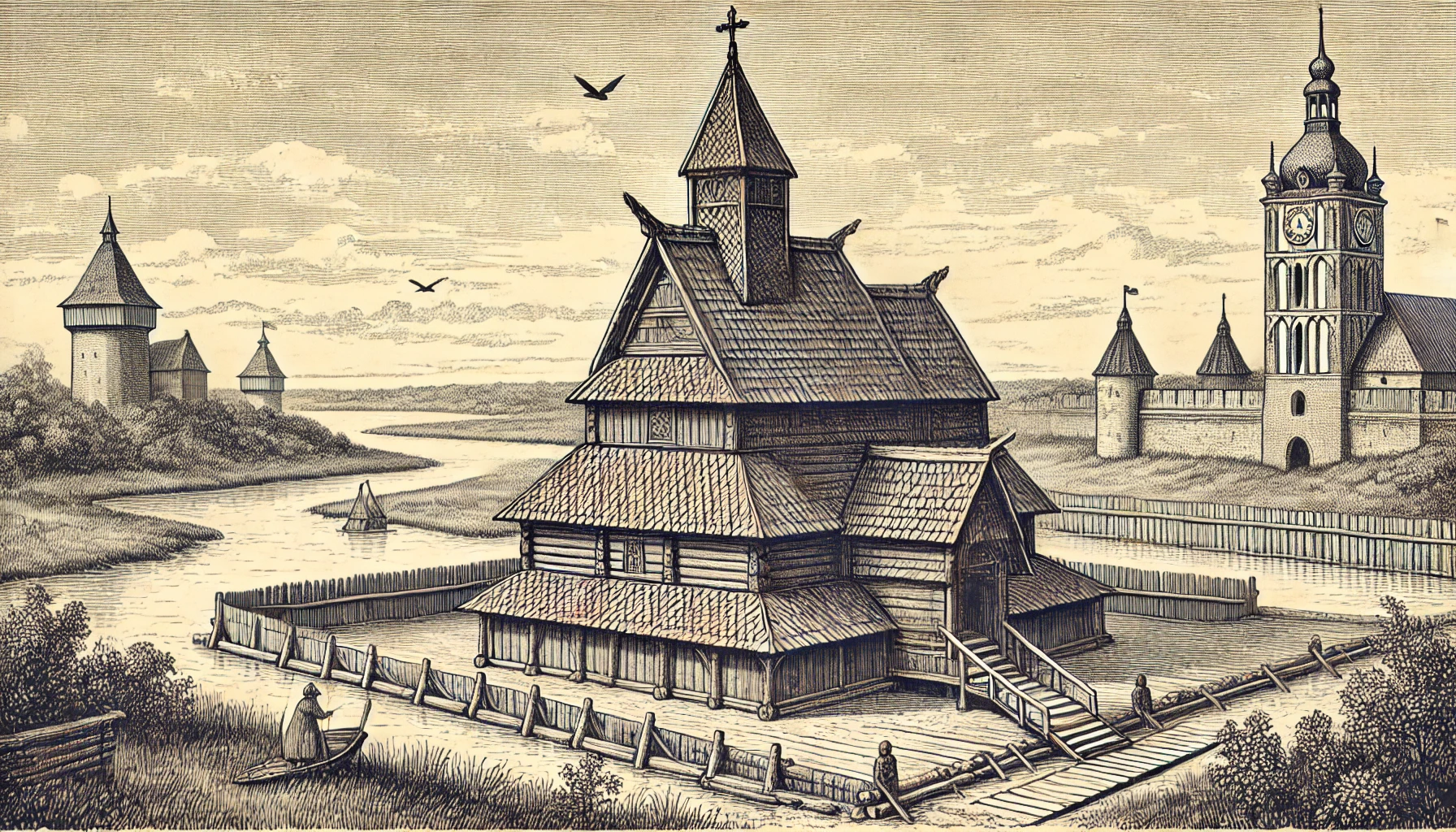 Historical illustration of the 12th-century wooden Church of St. Nicholas in medieval Gdańsk, located near swamps, connected to the fortress by a wooden causeway. The architecture is simple and wooden, characteristic of the early medieval period.