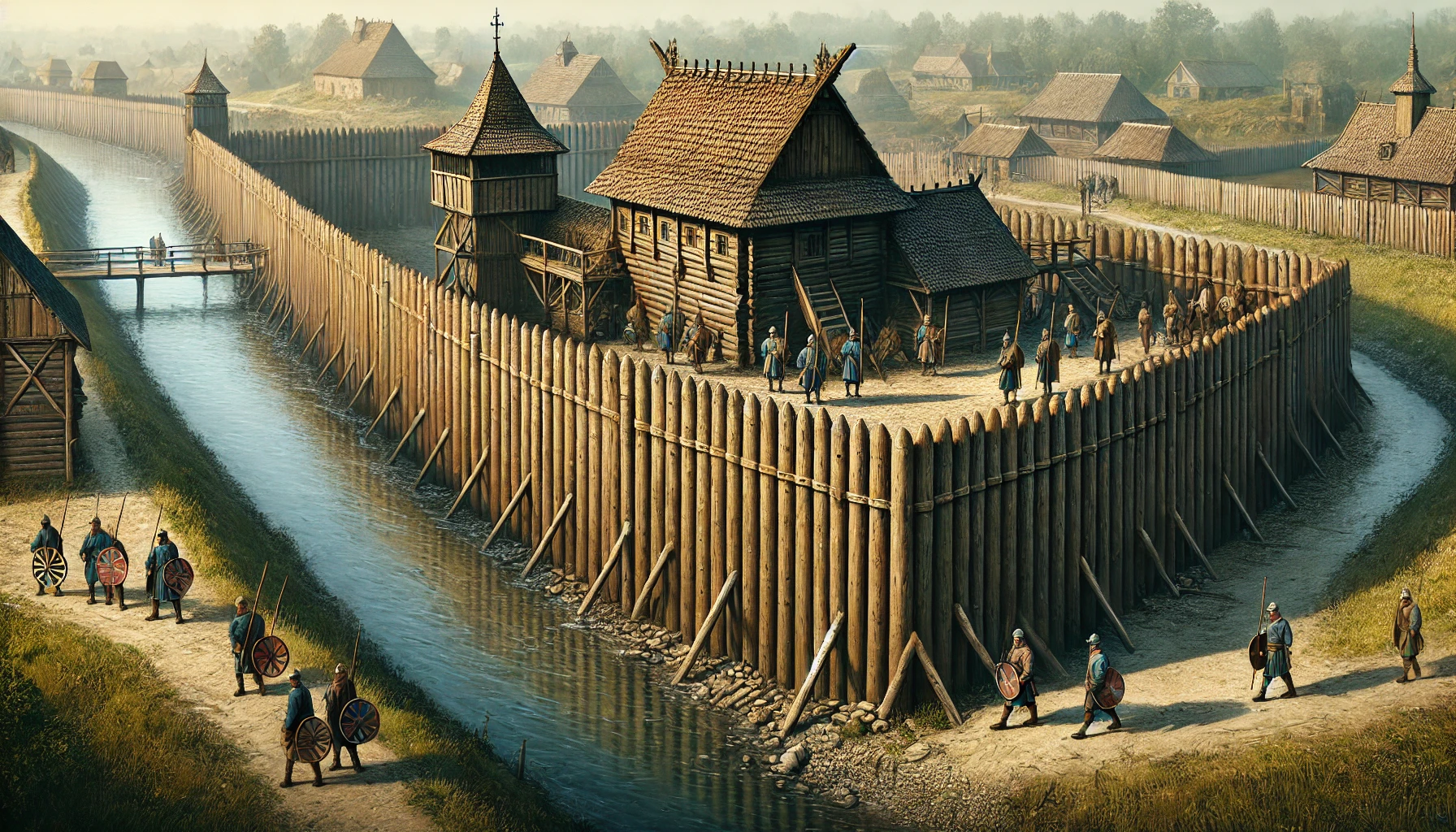 A medieval wooden and earth defensive wall surrounding early medieval Gdańsk in the 12th century. Guards are patrolling along the palisade, and a moat filled with water surrounds the structure, emphasizing the defensive significance of the settlement.