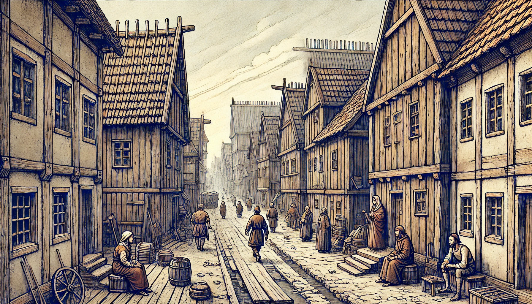 Medieval wooden houses and streets of early medieval Gdańsk in the 13th century. Narrow wooden streets with modest wooden buildings, people walking and interacting, illustrating daily urban life of that period.