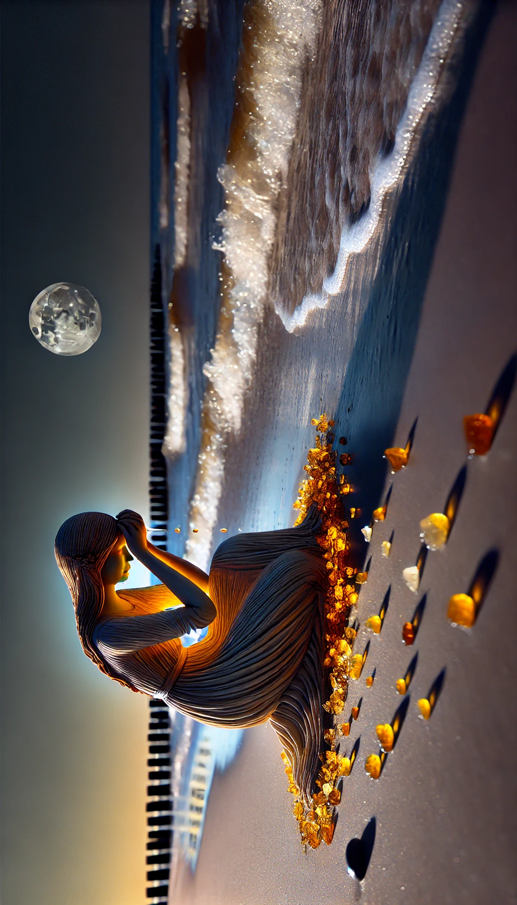 Jurata mourning on a Baltic shore, weeping softly at night as gentle waves lap at her feet. Her tears turn into glowing amber pieces scattered on the sandy beach, symbolizing her sorrow and loss. The moonlight softly illuminates her sorrowful figure.