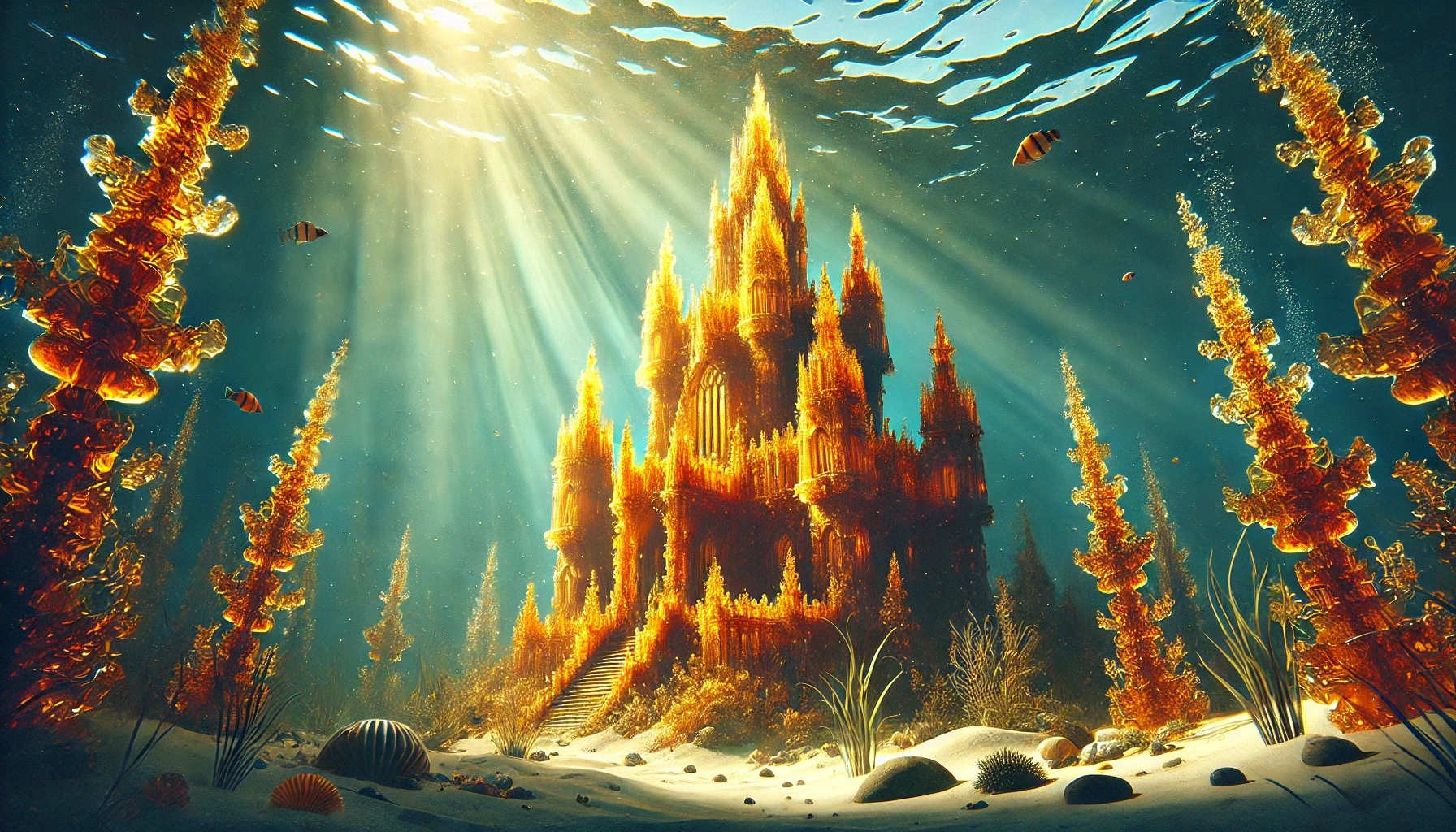 A beautiful and mysterious underwater palace made entirely of amber, glowing warmly beneath the waves of the Baltic Sea. Soft beams of sunlight filter through the water, highlighting the golden and translucent walls and towers of the palace. Surrounding it are lush sea plants and gentle sea creatures swimming peacefully, creating a serene underwater kingdom fit for a queen.