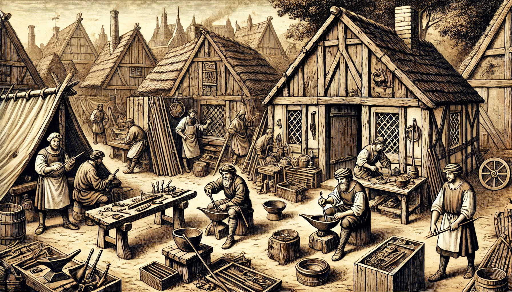 Historical illustration of medieval craftsmen workshops in 13th century Gdańsk. Craftsmen like blacksmiths, carpenters, and potters working inside wooden huts and open-air workshops, using medieval tools and techniques.