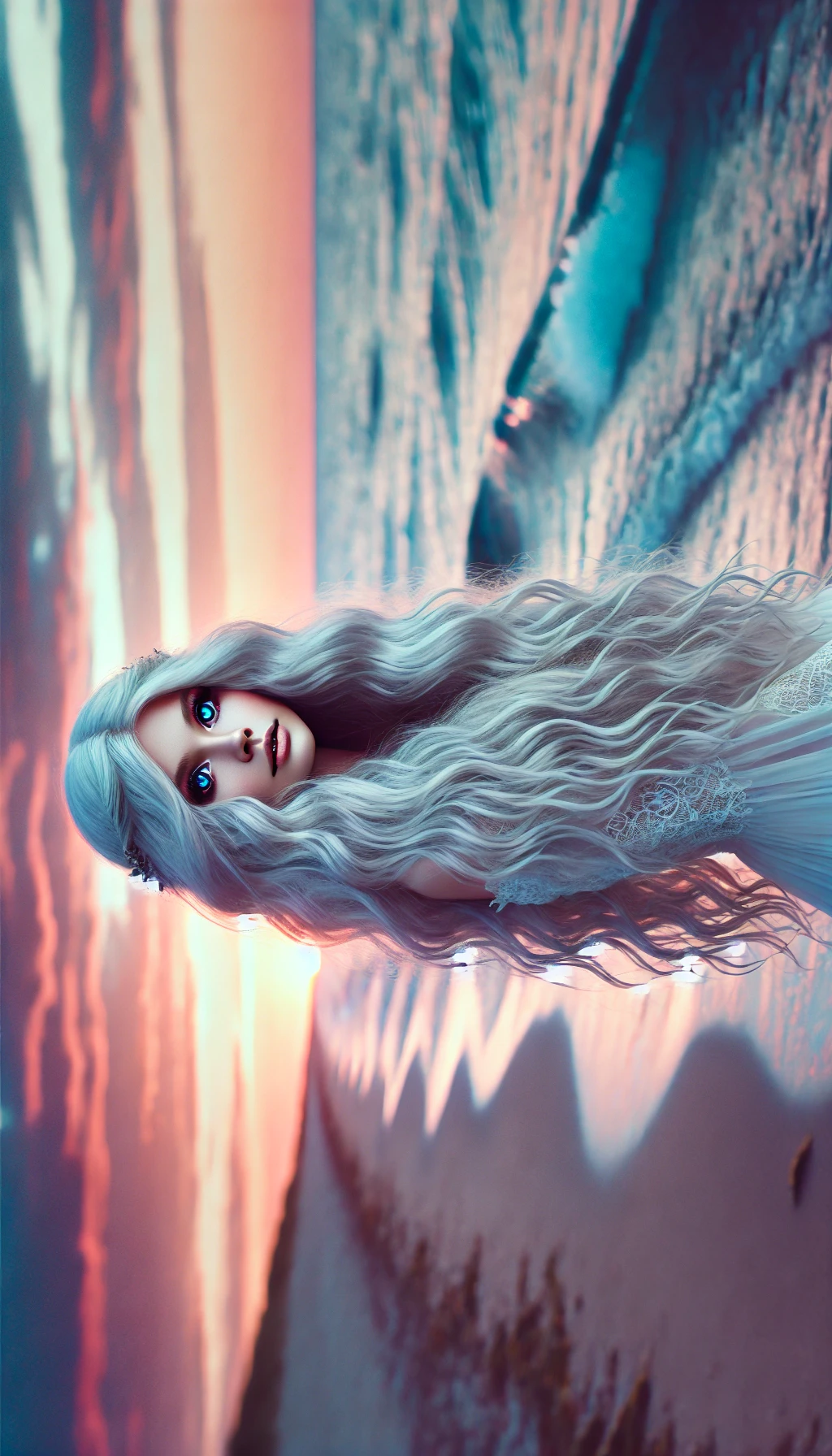 A beautiful, ethereal goddess Jurata with long, flowing silver hair and ocean-blue eyes, standing at the edge of the Baltic Sea at sunset. She gazes tenderly towards the shore, illuminated by the golden and pink hues of the sky. The sea around her is calm, reflecting her gentle and loving nature.