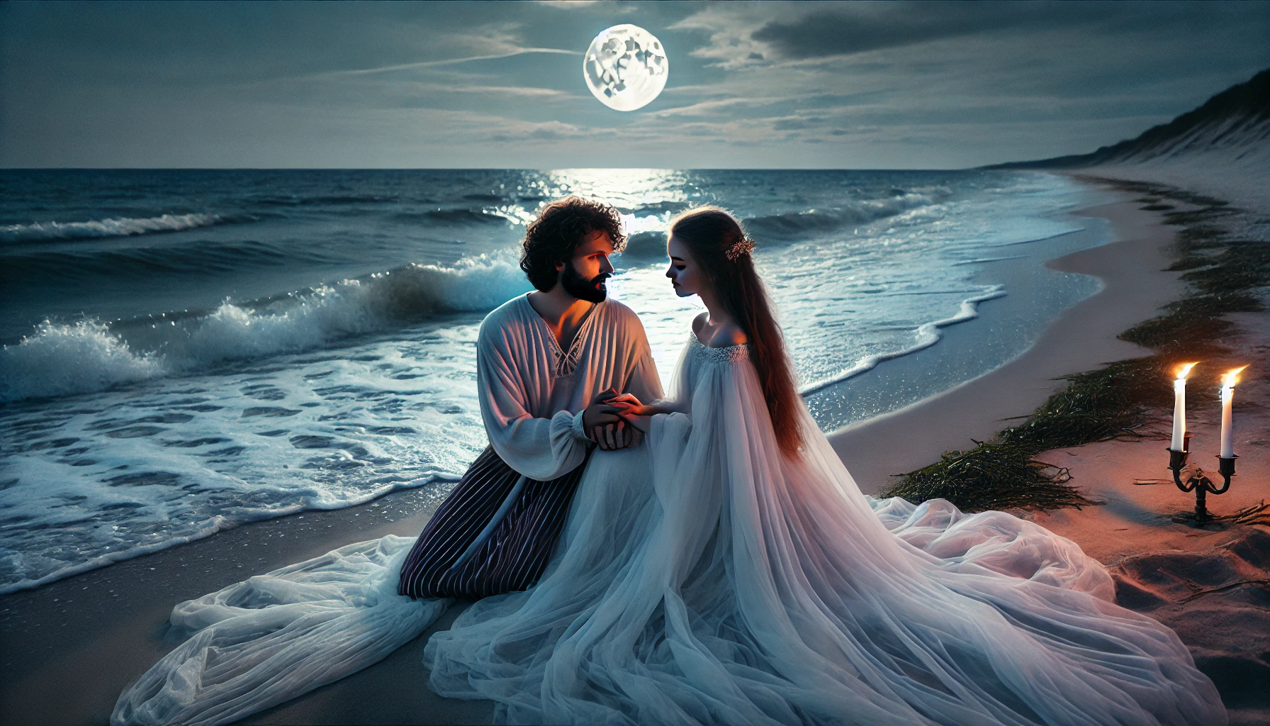Jurata and Kastytis sharing a romantic moment on a secluded Baltic beach under the moonlight. Jurata, wearing flowing, ethereal robes, gazes lovingly into Kastytis's eyes, holding his hand tenderly. The gentle waves and moonlit sand create an intimate, magical atmosphere.