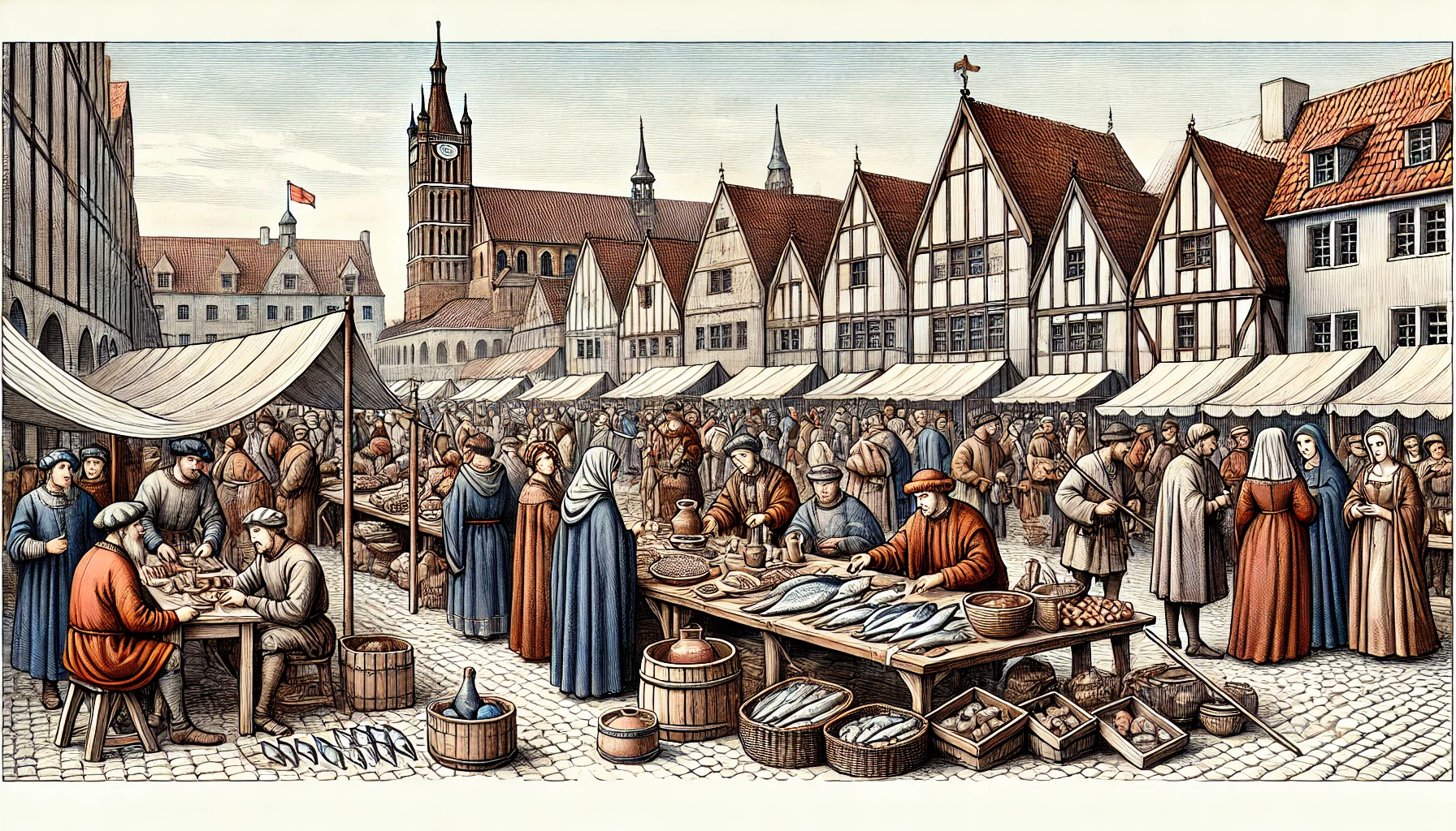 Historical illustration of early medieval Gdańsk market square in the 13th century. The market is bustling with trade activity, featuring simple wooden stalls selling goods like pottery, fish, and fabrics. People are dressed in medieval attire, engaging in commerce.